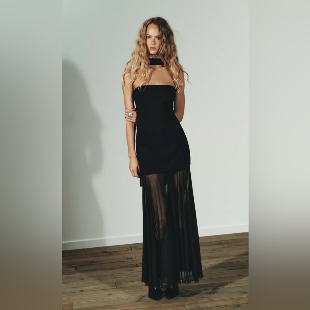 Zara NWT Black Mesh Sheer Combination Strapless Dress (Size Small)
